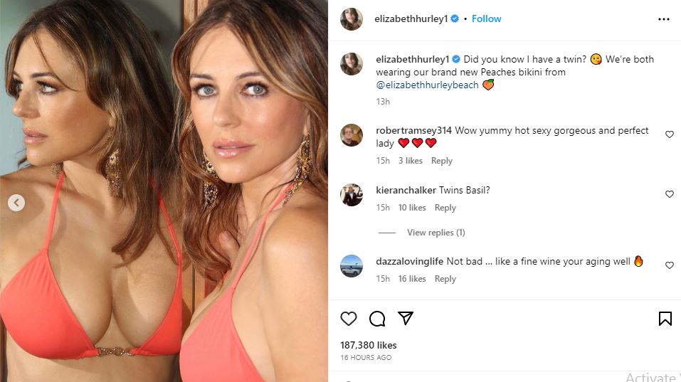 Elizabeth Hurley's Latest Photos in Chain-Link Bikini and Head-Turning Green Dress